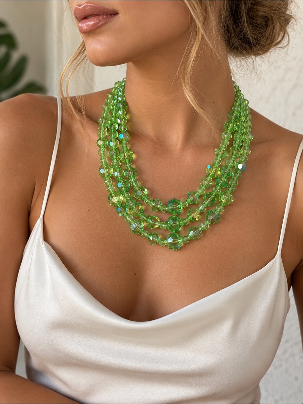 Vintage green Aurora borealis crystal multi strand necklace